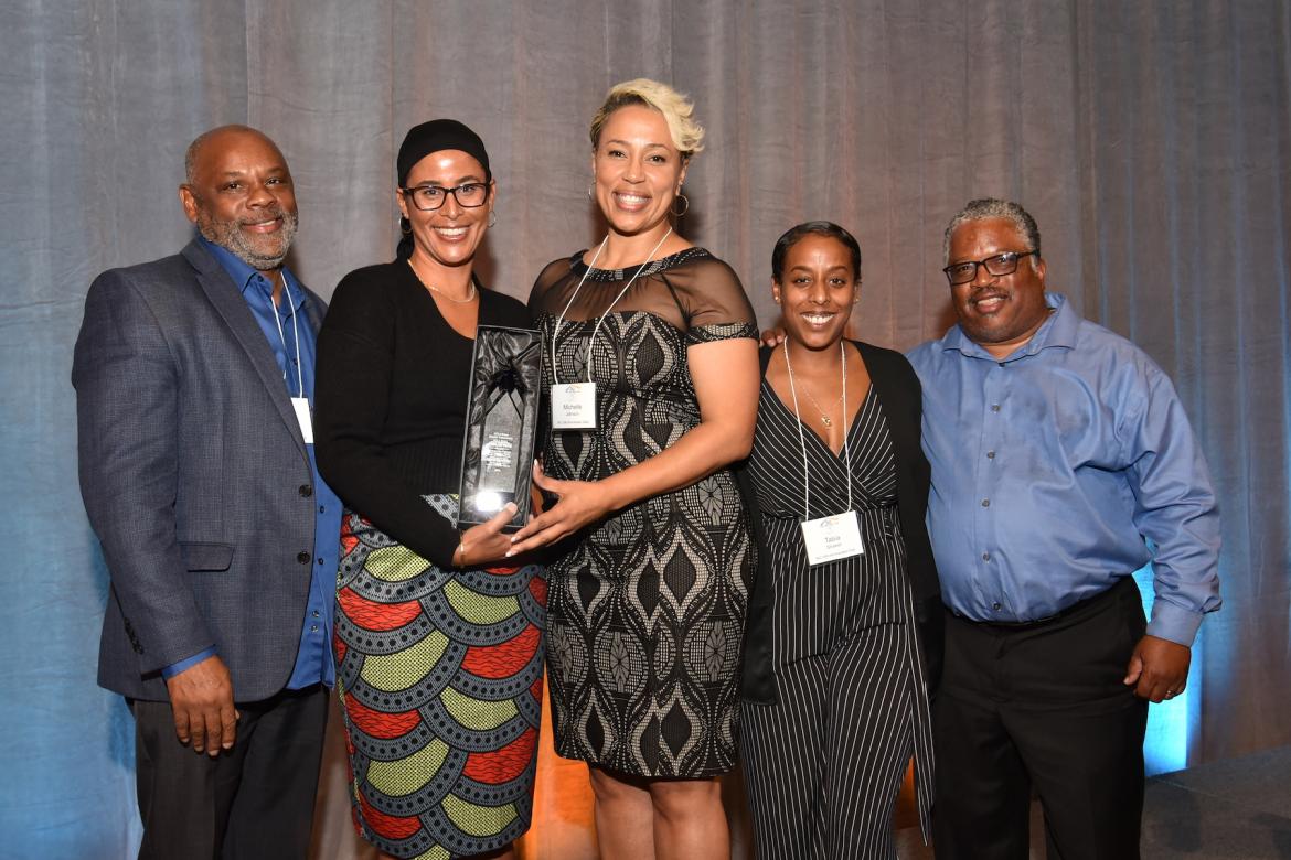 (L,R) UCLA Black Alumni Association (UBAA) former president Mandla Kayise, Ralph J. Bunche Center for African American Studies Director Kelly Lytle Hernández, IAC Community Impact Awardee UBAA President Michelle Johnson, Bunche Assistant Director Tabia Shawel, and UBAA Treasurer LaVant Wooten.